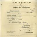 Registo de velocípede de marca Dinar, com o nº 2826, em nome de Clariano António Pedro, morador em Alvarinhos.