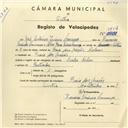 Registo de velocípede de marca Cycles Helios, com o nº 3854, em nome de José António Inácio Lourenço, morador em Praia das Maçãs.