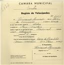 Registo de velocípede de marca Nacional, com o nº 1461, em nome de Fernando Moncado, morador em Mem Martins.
