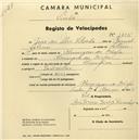 Registo de velocípede de marca Champion, com o nº 1405, em nome de João da Silva Silvestre, morador em Almargem do Bispo.
