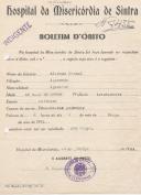 Boletim de óbito de Alfredo Manuel,  sepultado no coval nº 7435, do cemitério de S. Marçal, passado pelo Hospital da Misericórdia de Sintra.