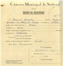 Registo de velocípede com o nº 7605, em nome de Manuel Gonçalves, morador em Linhó.