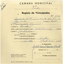 Registo de velocípede de marca Nacional, com o nº 1385, em nome de Agostinho Manuel Francisco Vicente, morador em Sacotes.