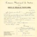 Registo de um veiculo de quatro rodas tirado por dois animais de espécie cavalar destinado a transporte de mercadorias em nome de José Barbosa dos Santos, morador na Estrada Macieira, Sintra.