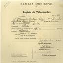 Registo de velocípede com o nº 2763, em nome de Fernando Santiago Lory, morador em Paiões.