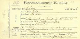 Recenseamento escolar de Ilda Pinheiro, filho de Bernardino Mateus Pinheiro, moradora no Mucifal.