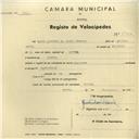 Registo de velocípede de marca Sprinter, com o nº 2822, em nome de David Augusto da Costa Pedroso, morador em Sintra.