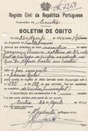 Boletim de óbito de Joaquim Branco, morador em Sintra na Rua Drº Alfredo Costa, sepultado no coval nº 7368, do cemitério de S. Marçal.