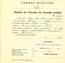 Registo de um veiculo de duas rodas tirado por um animal de espécie muar destinado a transporte de mercadorias em nome de Luís [...] Dias Monteiro, morador na Quinta dos Bernardos, São Pedro.