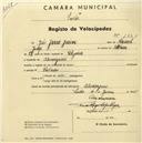 Registo de velocípede com o nº 1850, em nome de João Josué Júnior, morador em Almoçageme.