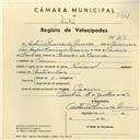 Registo de velocípede de marca Nacional, com o nº 4295, em nome de António Pereira de Queiroz, morador em Cacém.