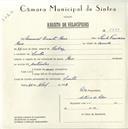 Registo de velocípede de marca Raio, com o nº 5749, em nome de Manuel Duarte Raio, morador em Sintra.