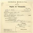 Registo de velocípede de marca Champion, com o nº 3998, em nome de David Costa, morador em Cacém.