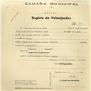 Registo de velocípede de marca Peugeot, com o nº 741, em nome de Rodrigo Clemente Dias, morador em Belas.