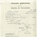 Registo de velocípede de marca Nacional, com o nº 5236, em nome de Fausto Frutuoso, morador em Cabriz.