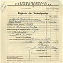 Registo de velocípede de marca Olga, com o nº 3762, em nome de Carlos Pedro Miranda, morador em Ribeira de Sintra.
