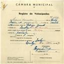 Registo de velocípede de marca Phillips, com o nº 4226, em nome de Eugénio Carvalho, morador em Rua dos Lusiadas, Queluz.