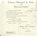 Registo de velocípede de marca Pachancho, com o nº 9130, em nome de Venâncio Pereira de Barros, morador em Várzea de Sintra.