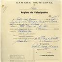 Registo de velocípede de marca Toman, com o nº 1084, em nome de Teófilo Luís Soares, morador em S. Pedro de Sintra.