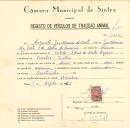 Registo de um veiculo de duas rodas tirado por dois animais de espécie asinina destinado a transporte de mercadorias em nome de Augusto Guilherme da Costa, morador em Boialvo, Sintra.