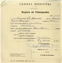 Registo de velocípede de marca Mauritania, com o nº 2401, em nome de Armando Pais Roussado, morador em Montelavar.