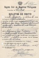 Boletim de óbito de António José Dias Pelecas, morador na Várzea de Sintra, sepultado no coval nº 7431, do cemitério de S. Marçal.