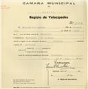Registo de velocípede de marca Olympique, com o nº 1516, em nome de Fernando Luís Andrade, morador em Estreveira, Rio de Mouro.