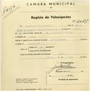 Registo de velocípede de marca Gloria Vitesse, com o nº 2027, em nome de Augusto da Silva Oliveira, morador em Sintra.
