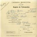 Registo de velocípede de marca Sprinter, com o nº 2889, em nome de Hilário Isidoro, morador em Odrinhas.