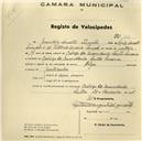 Registo de velocípede de marca Olga, com o nº 369, em nome de Emídio Duarte Pimpão, morador em Cabelo da Moucheira, Santa Susana.