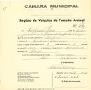 Registo de um veiculo de duas rodas tirado por um animal de espécie muar destinado a transporte de mercadorias em nome de Abel Simões Silvério, morador em Dona Maria.