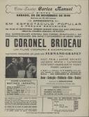 Programa do filme "O Coronel Brideau" realizado por Fernand Gravey com a participação de Fernand Gravey, Suzi Prim, André Brunot, Jacques  Erwin, Catherine Fonteney, Marguerite Pierry e Pierre Larquey.  