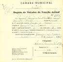 Registo de um veiculo de quatro rodas tirado por dois animais de espécie bovina destinado a transporte de mercadorias em nome de Manuel Francisco Vicente Leitão, morador na Granja dos Serrões.