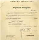 Registo de velocípede com o nº 1314, em nome de António Gonçalves Carvalho, morador em A-dos Francos.