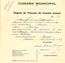 Registo de um veiculo de duas rodas tirado por um animal de espécie muar destinado a transporte de mercadorias em nome de Manuel Francisco Catalão Júnior, morador em Maceira.