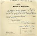 Registo de velocípede de marca Peugeot, com o nº 228, em nome de Joaquim António Teodoro, morador em Vale de Lobos.