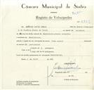 Registo de velocípede com o nº 8849, em nome de Américo David Urmal, morador em Montelavar.