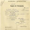 Registo de velocípede com o nº 1417, em nome de João Gomes, morador em Rinchoa.
