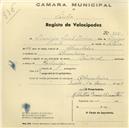 Registo de velocípede de marca Nacional, com o nº 835, em nome de Dionísio Duarte Inácio, morador em Abrunheira.