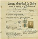 Registo de matricula de velocipedista em nome de Artur Alves Granjo, morador em Queluz, com o nº de inscrição 723.
