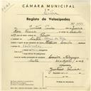 Registo de velocípede de marca Helios, com o nº 3821, em nome de Justino Pereira, morador em Palácio da Vila de Sintra.