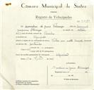 Registo de velocípede de marca Vilar, com o nº 9210, em nome de Marcelino de Jesus Policarpo, morador em Algueirão.