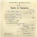 Registo de velocípede de marca Olga, com o nº 3979, em nome de José Mateus Mechas, morador em Almoçageme.