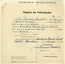 Registo de velocípede com o nº 826, em nome de José Dionísio Monteiro, morador em Quinta da Rainha Santa Isabel.