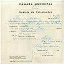 Registo de velocípede de marca Raio, com o nº 4553, em nome de Francisco Nicolau, morador em Sintra.