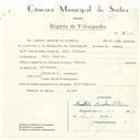 Registo de velocípede de marca Cabrita, com o nº 8704, em nome de António Anselmo de Oliveira, morador em Pero Pinheiro.