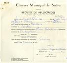 Registo de velocípede de marca Alpino, com o nº 9460, em nome de Mário Tiago de Oliveira, morador em Sintra.