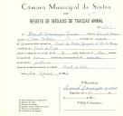 Registo de um veiculo de duas rodas tirado por dois animais de espécie bovina destinado a transporte de mercadorias em nome de Manuel Domingues Júnior, morador no Casal do Covão.