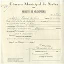 Registo de velocípede de marca Origan, com o nº 5095, em nome de Epifânio Florindo da Silva, morador em Ribeira de Sintra.