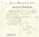 Registo de velocípede de marca Velociper, com o nº 9350, em nome de Miguel dos Santos R., morador em Linhó.